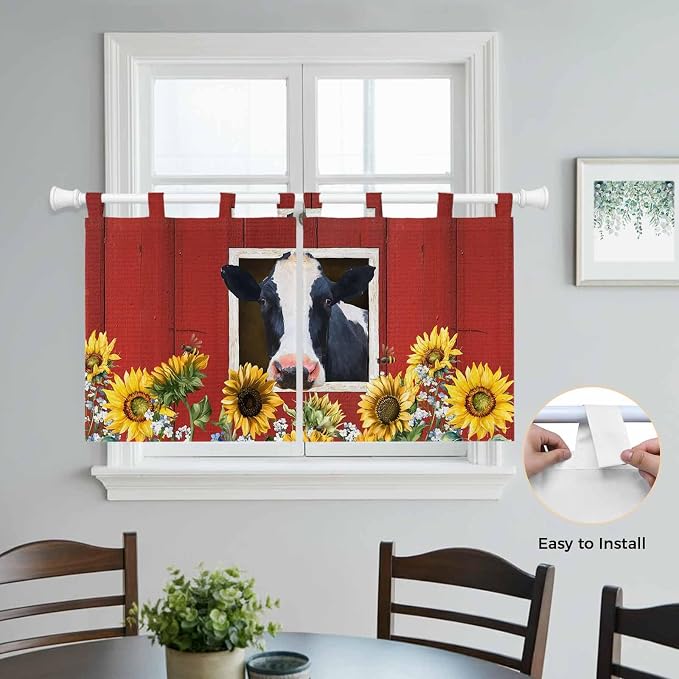 Cow Sunflowers Kitchen Curtains 36 Inch Length, Small Window Curtains Tab Top - Image 4
