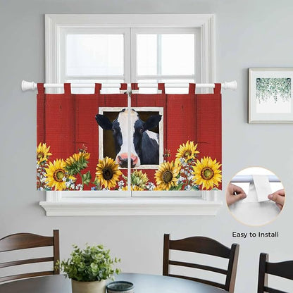 Cow Sunflowers Kitchen Curtains 36 Inch Length, Small Window Curtains Tab Top - Image 4