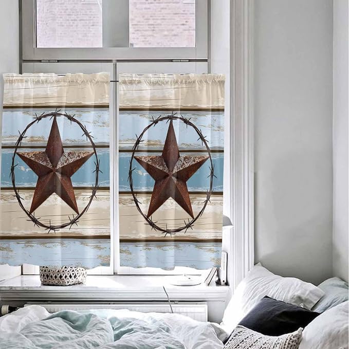 Vintage Western Star on Wood Grain Window Valance Curtains, Retro Wooden - Image 4