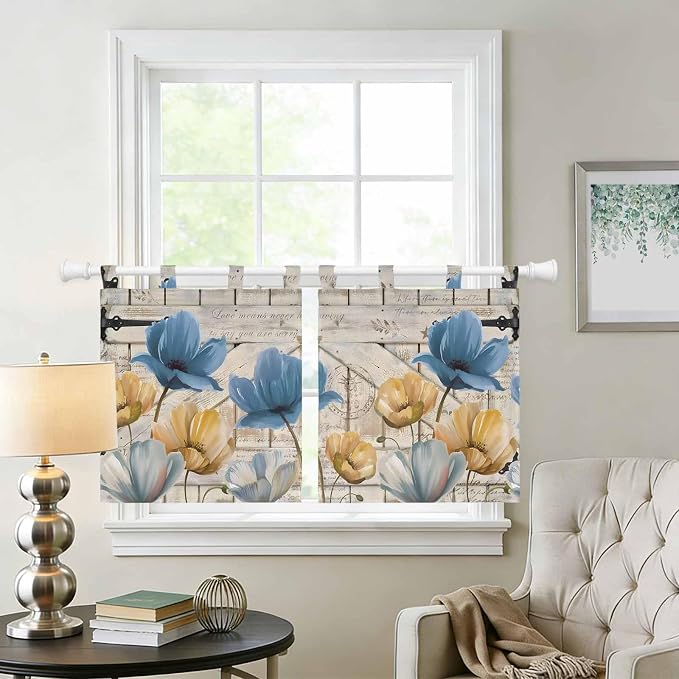 Blue Yellow Tulips Kitchen Curtains 24 Inch Length, Small Window Curtains Tab - Image 2