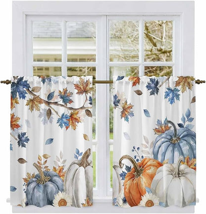 Navy Blue Pumpkin Fall Kitchen Curtains 54 Inch Long 2 Panel Set, Rod Pocket - Image 2