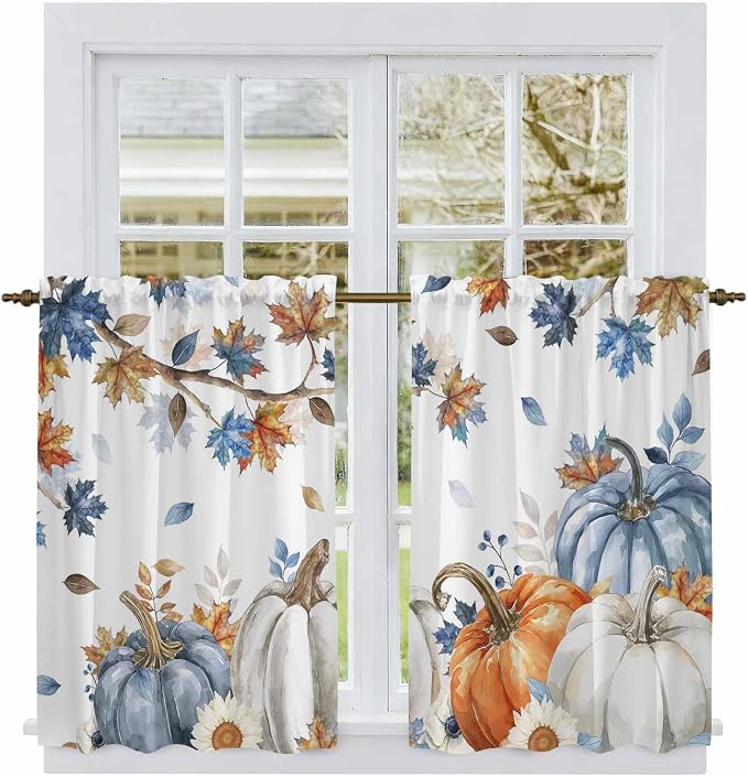 Navy Blue Pumpkin Fall Kitchen Curtains 54 Inch Long 2 Panel Set, Rod Pocket - Image 2