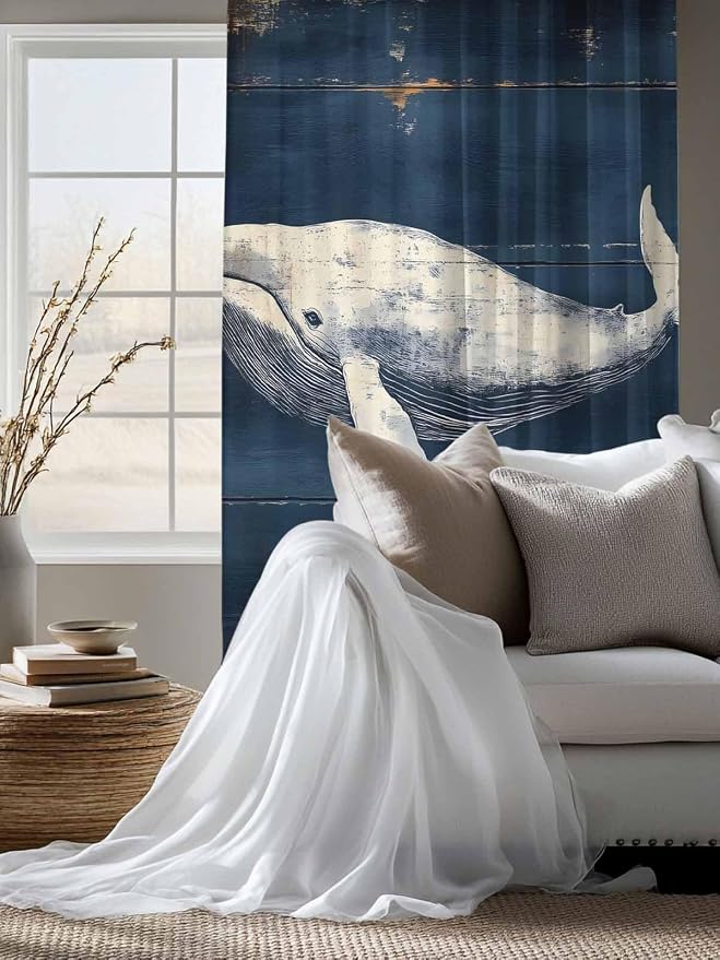 Sheer Curtains 63 Inch Length, Ocean Vintage Whale Semi Sheer Curtains Light - Image 4