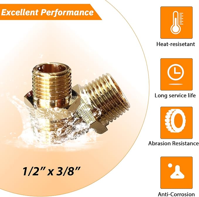 2pcs 1/2" NPT x 3/8" NPT Brass Nipple, 1/2 to 3/8 Adapter Fitting Reducing - Image 4