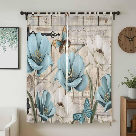 Teal Blue Tulips Living Room Curtains 96 Inch Length, Window Curtains Tab Top - Image 2