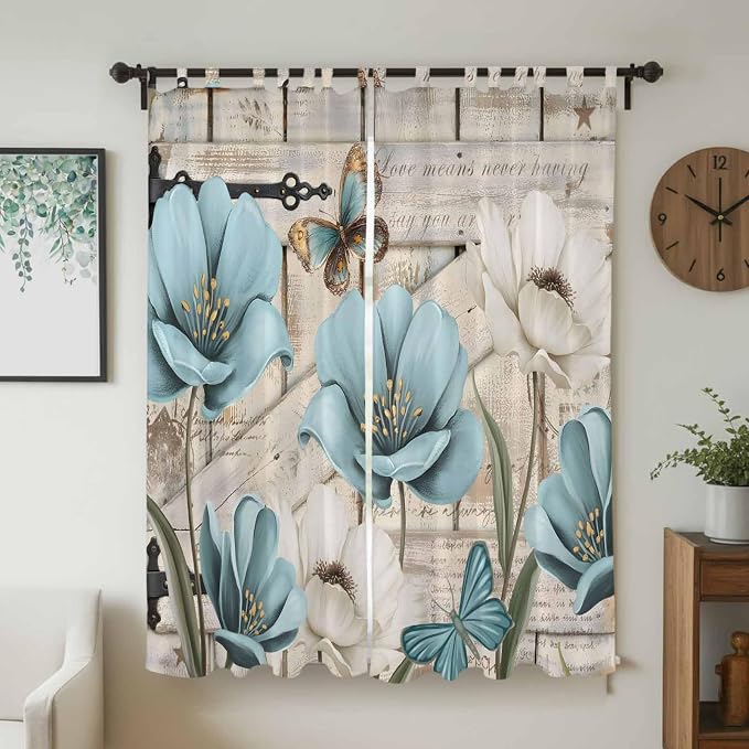 Teal Blue Tulips Living Room Curtains 84 Inch Length, Window Curtains Tab Top - Image 2