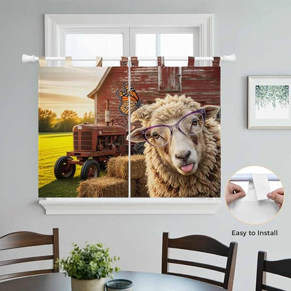 Farm Sheep Kitchen Curtains 45 Inch Length, Short Cafe Window Curtains Tab Top - Image 4