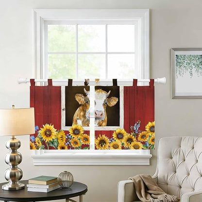 Cows Sunflowers Kitchen Curtains 36 Inch Length, Small Window Curtains Tab Top - Image 2