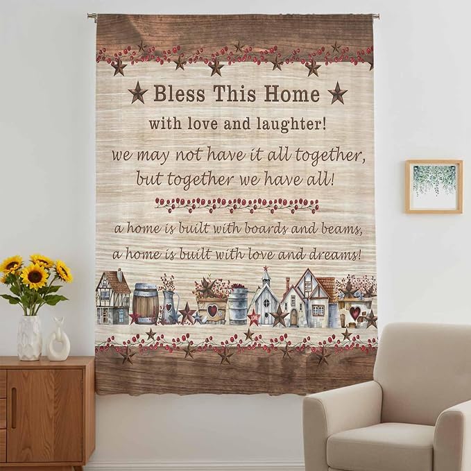 Farmhouse Sheer Curtains 72 Inch Length Brown Country Star Berry Vintage Wood - Image 5