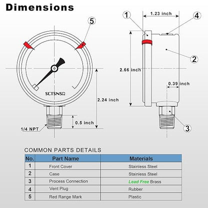0 to 100 Psi Lead-Free Pressure Gauge, Glycerin Liquid Filled, 2.5 inch Dial - Image 6