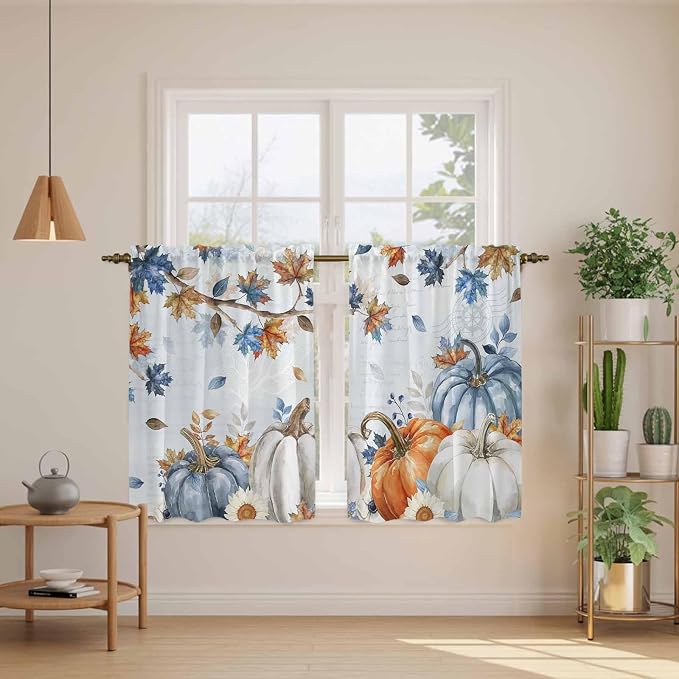 Fall Blue Maple Kitchen Curtains 54 Inch Long 2 Panel Set, Rod Pocket Window - Image 3