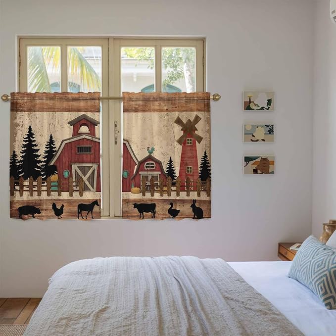 Brown Farmhouse Tier Curtains, Vintage Country Animals Wooden Grain Light - Image 4