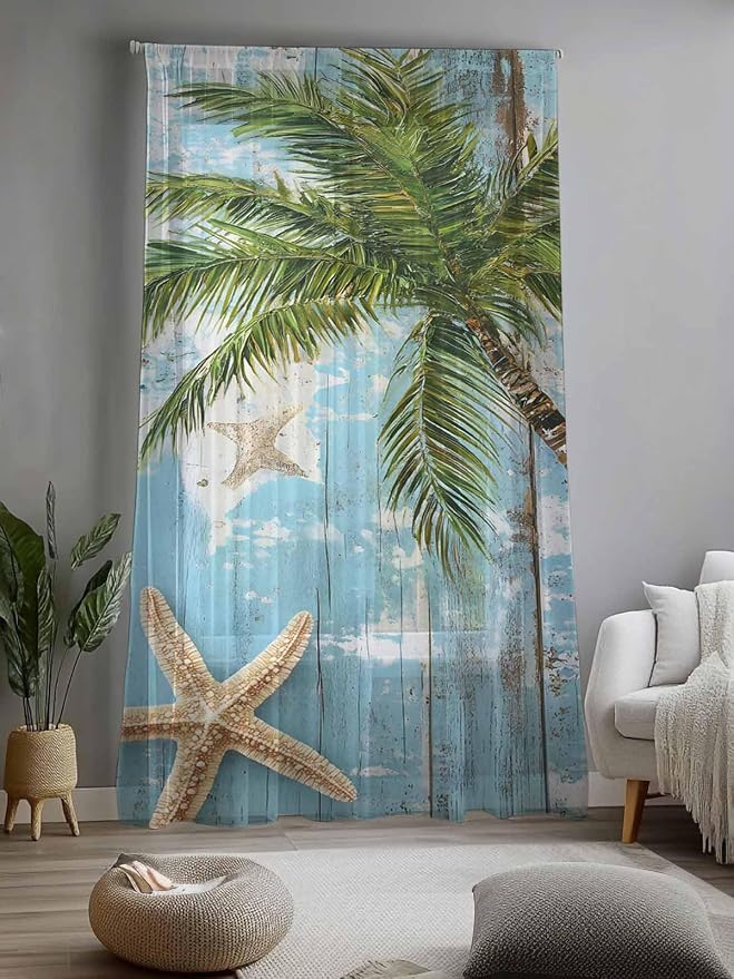 Sheer Curtains 108 Inches Long, Coastal Beach Blue Semi Sheer Curtains Light - Image 2