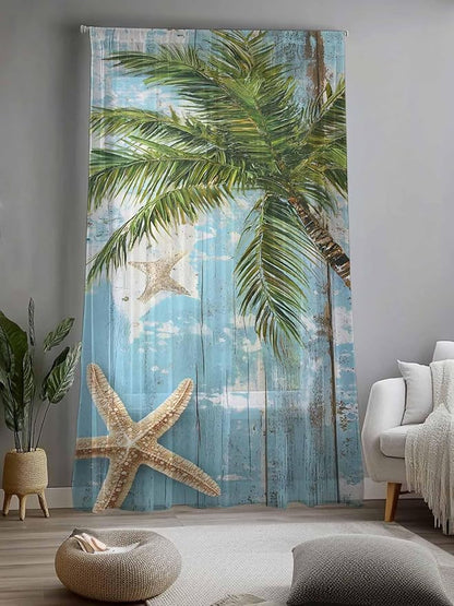 Sheer Curtains 108 Inches Long, Coastal Beach Blue Semi Sheer Curtains Light - Image 2
