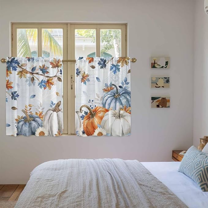 Fall Blue Maple Kitchen Tier Curtains 45 Inch Long 2 Panel Set, Rod Pocket - Image 4