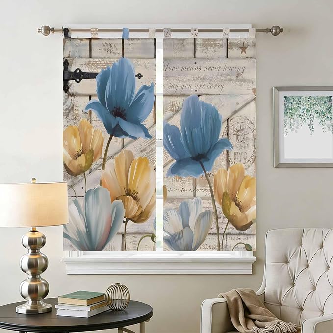 Blue Yellow Tulips Living Room Curtains 84 Inch Length, Window Curtains Tab Top - Image 2