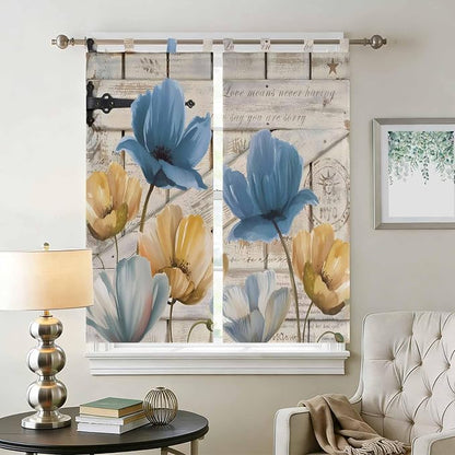 Blue Yellow Tulips Living Room Curtains 84 Inch Length, Window Curtains Tab Top - Image 2