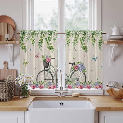 Farmhouse Spring Kitchen Curtains, Retro Bicycles Flowers Vines Butterfly Light - Image 2