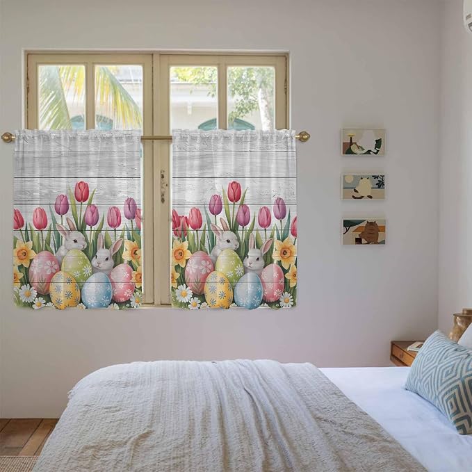 Easter Kitchen Tier Curtains 45 Inch Long 2 Panel Set, Rod Pocket Short Window - Image 4