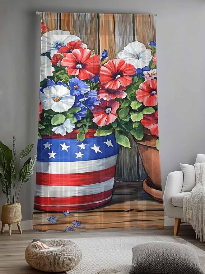 Sheer Curtains 84 Inches Long, Retro Independence Day Flag Wood Grain Privacy - Image 2