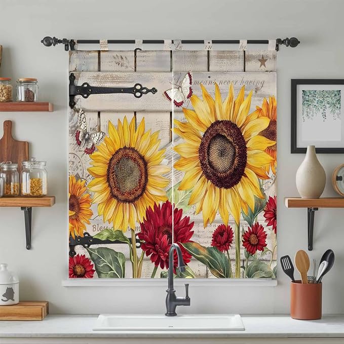 Red Yellow Sunflowers Bedroom Curtains 72 Inch Length, Window Curtains Tab Top - Image 3
