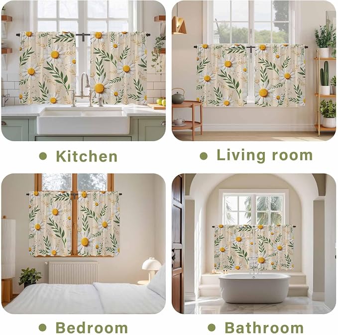 Spring Daisy Kitchen Curtains, Country Watercolor Flower Leaf Plant Light - Image 8