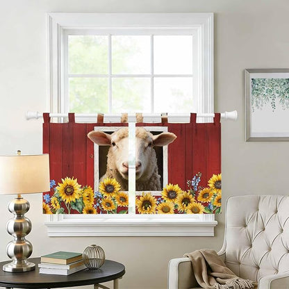 Sheep Sunflower Kitchen Curtains 36 Inch Length, Small Window Curtains Tab Top - Image 2