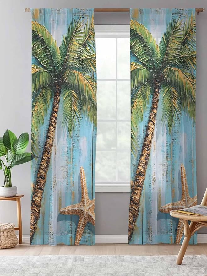 Sheer Curtains 96 Inches Long, Coastal Beach Tree Semi Sheer Curtains Light - Image 5