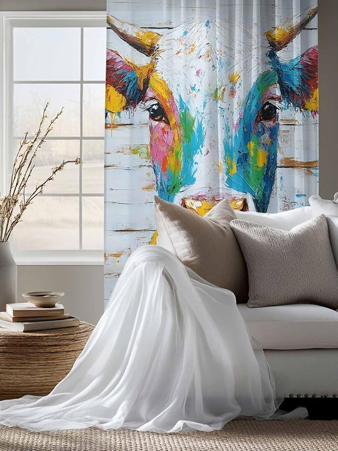Sheer Curtains 72 Inches Long, Funny Colorful Cow Semi Sheer Curtains Light - Image 4