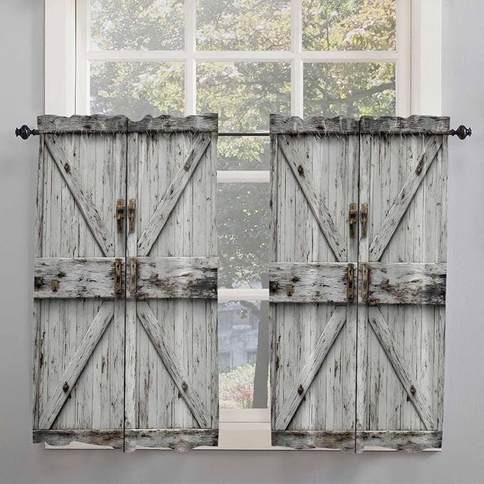 Vintage Gate Kitchen Curtains 54 Inches Length, Farmhouse Wooden Grain Shabby - Image 2