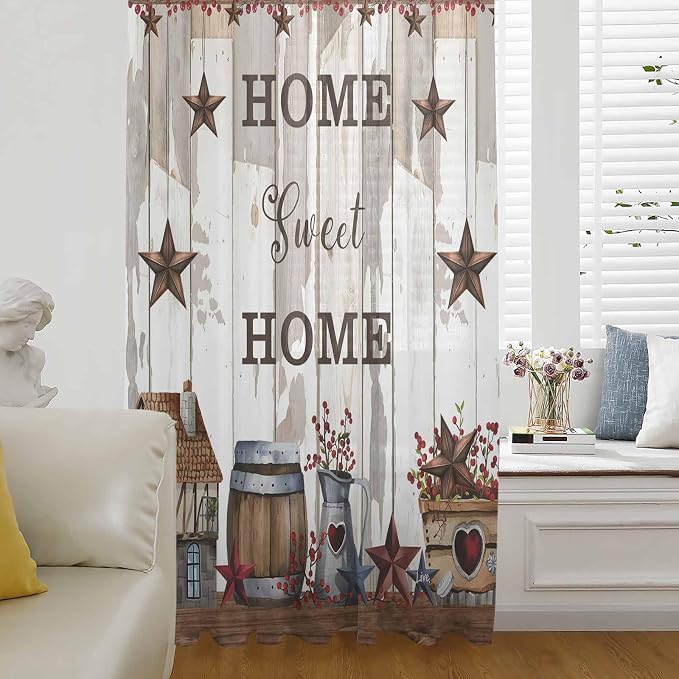 Farmhouse Sheer Curtains 63 Inch Length Retro Country Star Berry Vintage Wood by Unknown