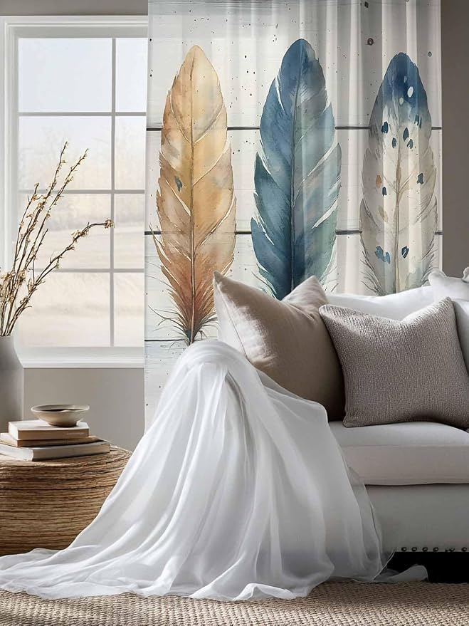 Sheer Curtains 72 Inches Long, Boho Blue Feathers Semi Sheer Curtains Light - Image 4