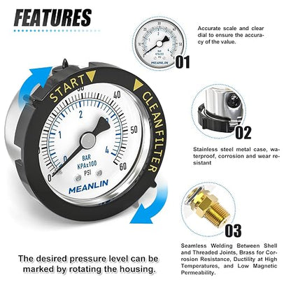 MEANLIN MEASURE 0~60Psi Stainless Steel Start and Clean Filter Pressure Gauge - Image 3