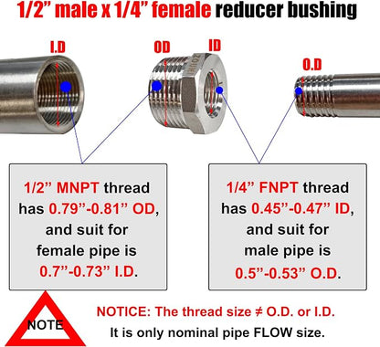 2 Pcs 304 Stainless Steel Reducer Hex Bushing, 1/2" Male NPT to 1/4" Female - Image 2