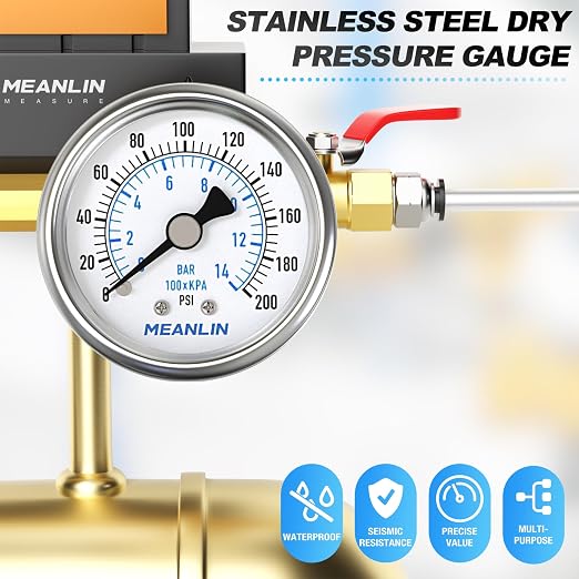MEANLIN MEASURE 0~200Psi Dry Pressure Gauge Stainless Steel 1/4" NPT 2" FACE - Image 7