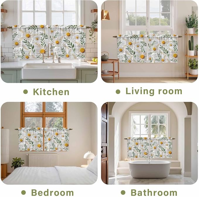 Spring Daisy Tier Curtains, Farmhouse Country Flower Leaf Plant Wood Grain - Image 8