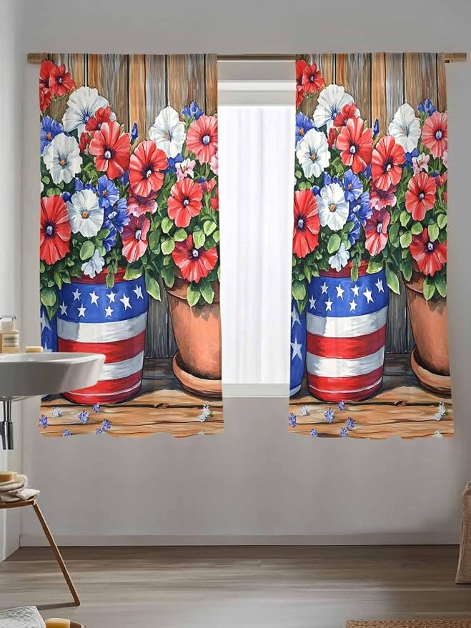 Sheer Curtains 63 Inch Length, Retro Independence Day Flag Wood Grain Privacy - Image 5