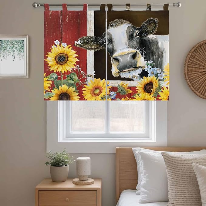 Cows Sunflowers Bedroom Curtains 63 Inch Length, Window Curtains Tab Top - Image 9