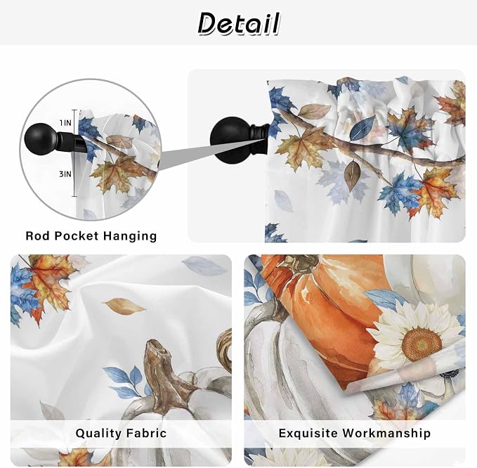 Navy Blue Pumpkin Fall Kitchen Tier Curtains 36 Inch Long 2 Panel Set, Rod - Image 9