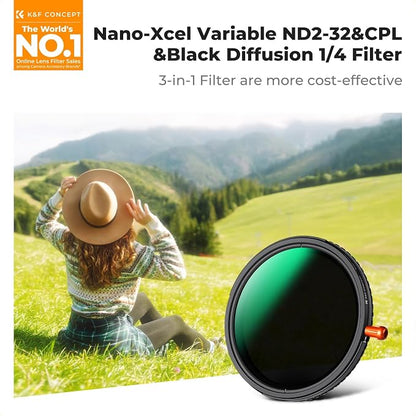 K&F CONCEPT 82mm Black Diffusion Mist Effect 1/4 & Variable ND2-32 & Circular - Image 2