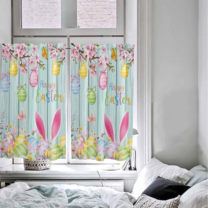 Happy Easter Tier Curtains 45 Inches Long, Spring Bunny Eggs Flower Teal Wood - Image 5