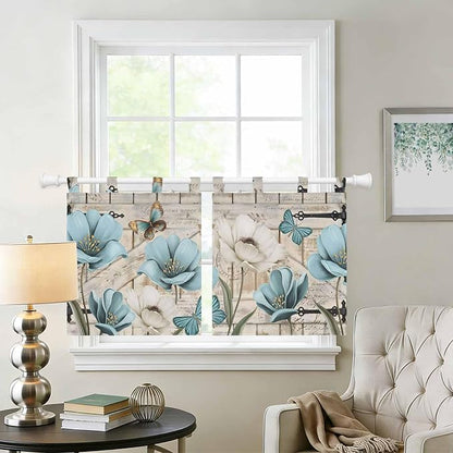 Teal Blue Tulips Kitchen Curtains 36 Inch Length, Small Window Curtains Tab Top - Image 2
