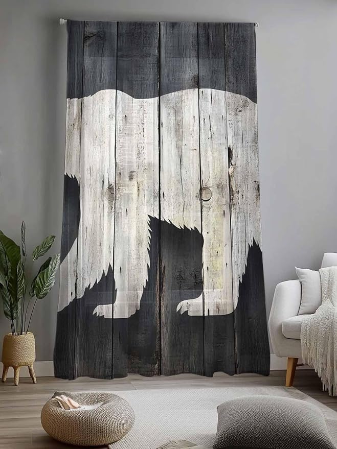 Sheer Curtains 84 Inches Long, Rustic Counrty Vintage Wood Grain Privacy Voile - Image 2