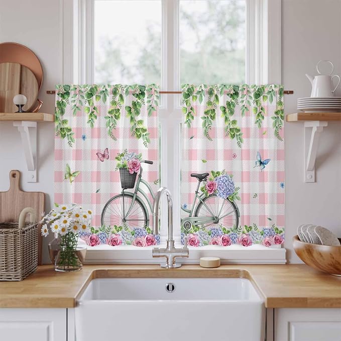 Spring Tier Curtains, Bicycles Leaves Butterfly Flowers Pink Buffalo Plaid - Image 2