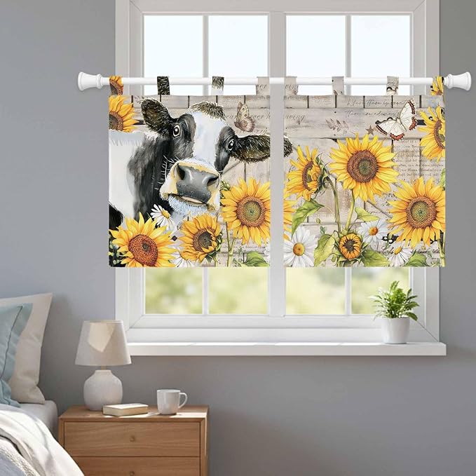 Yellow Sunflowers Kitchen Curtains 36 Inch Length, Small Window Curtains Tab Top - Image 9