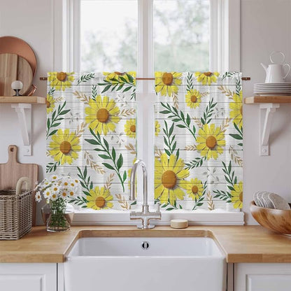 Yellow Daisy Tier Curtains, Farmhouse Country Flower Leaf Plant Wood Grain - Image 2