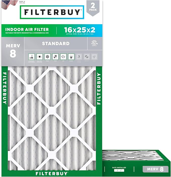 Filterbuy 16x25x2 Air Filter MERV 8 Essential Dust & Allergy Defense, by Filterbuy
