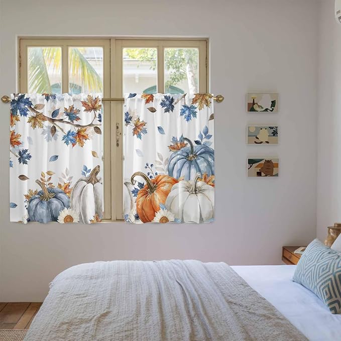 Navy Blue Pumpkin Fall Kitchen Curtains 54 Inch Long 2 Panel Set, Rod Pocket - Image 4