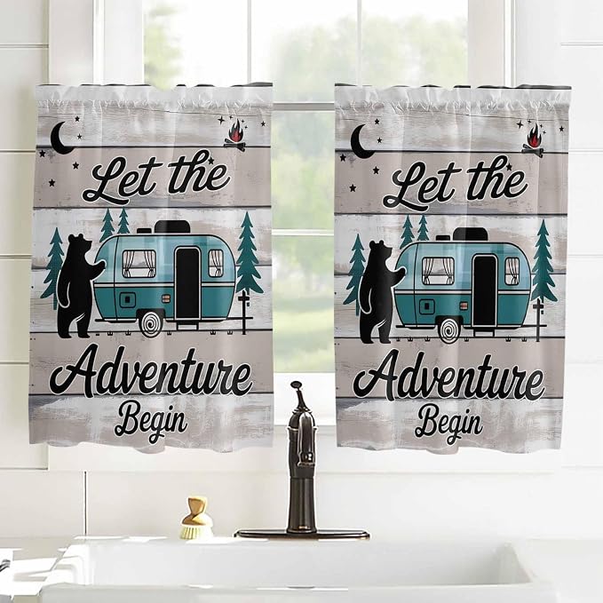 Farmhouse Bear Camper Van Tree Window Valance Curtains, Vintage Wood Grain - Image 8