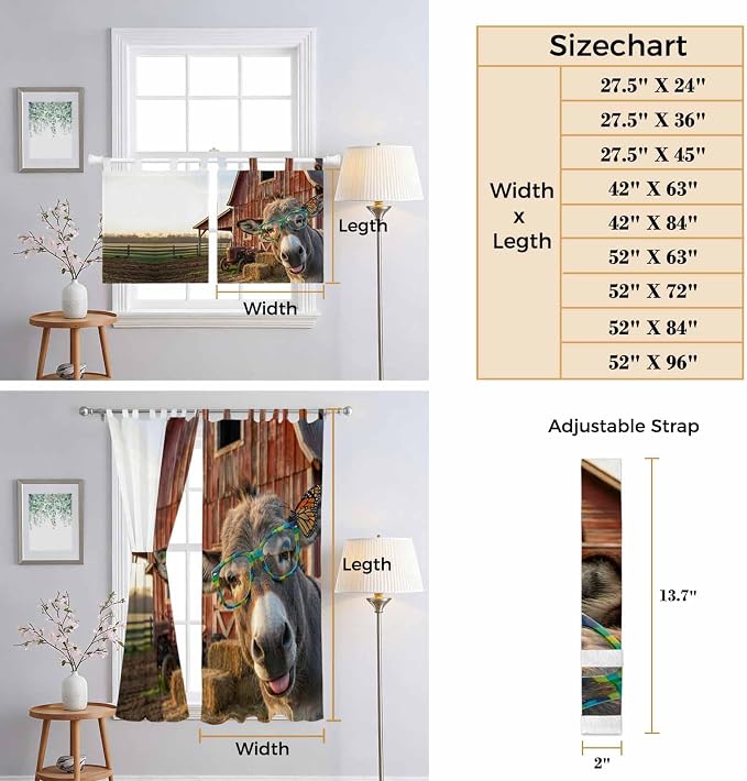 Farm Donkeys Kitchen Curtains 45 Inch Length, Short Cafe Window Curtains Tab Top - Image 8